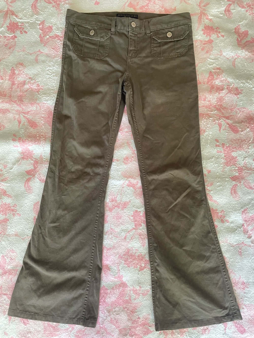 Juicy Couture Y2K Olive Green Low Rise Flap Pocket Flare Bell Bottom Jeans 30